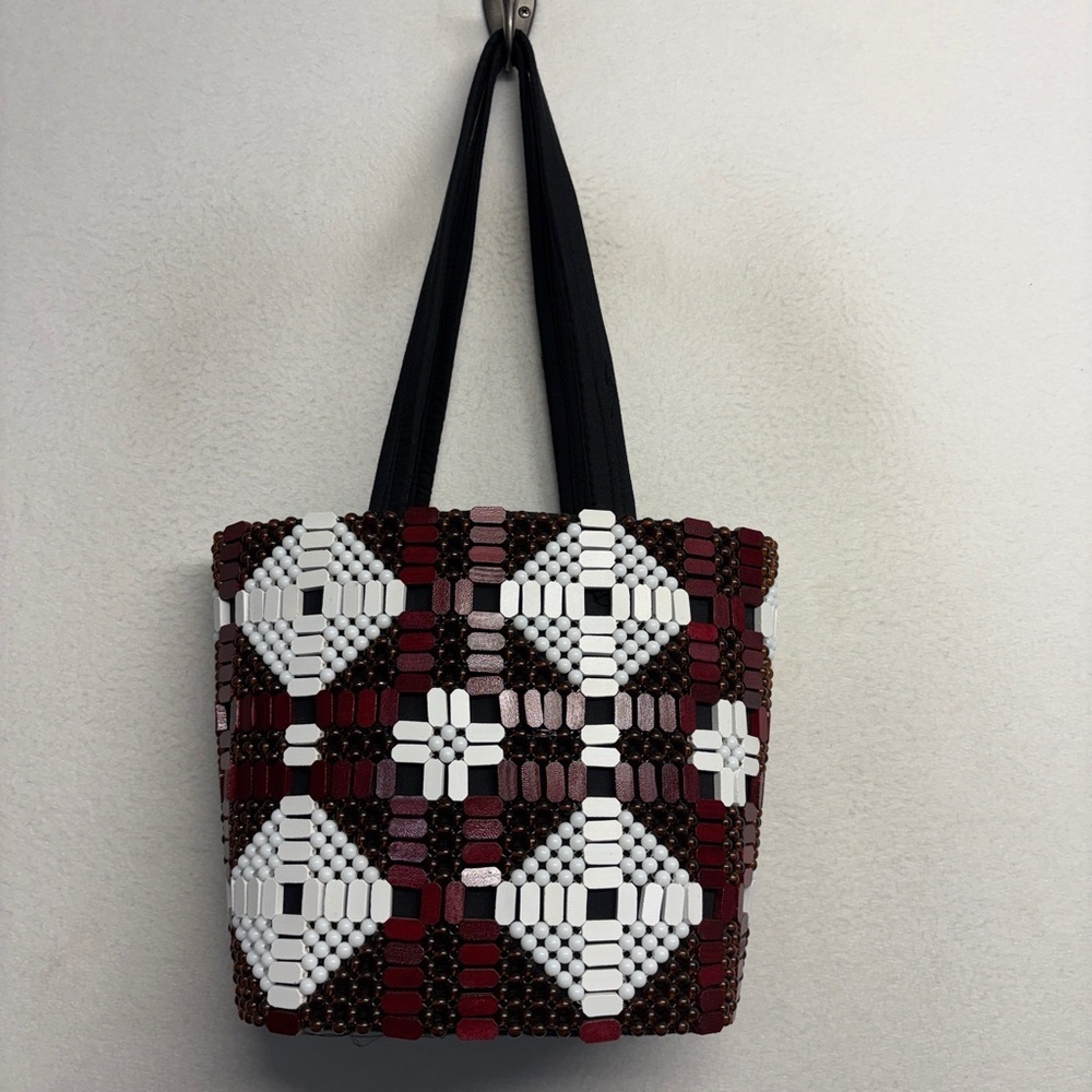 African Beaded‎ Structured Handbag Red White Black